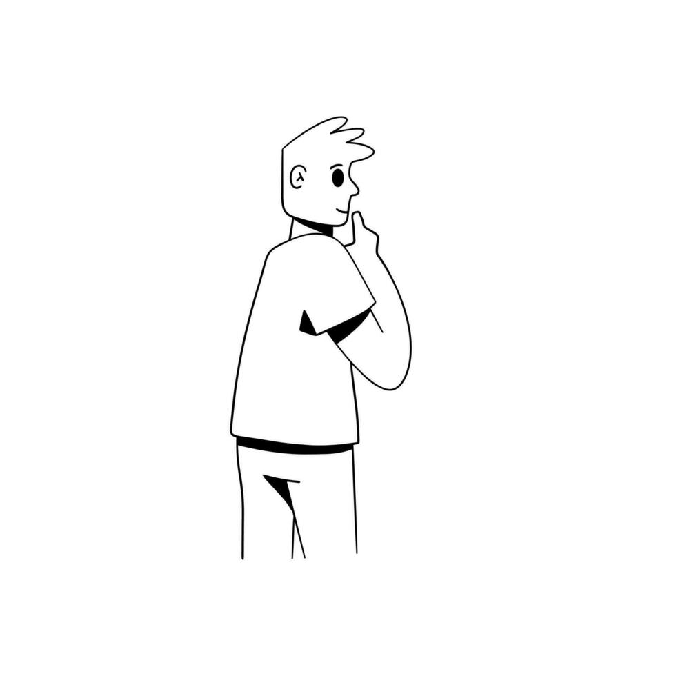 Thoughtful man touches chin. Choice and question. Problem solving and thoughts. Outline cartoon Thinker. Puzzled gesture. vector