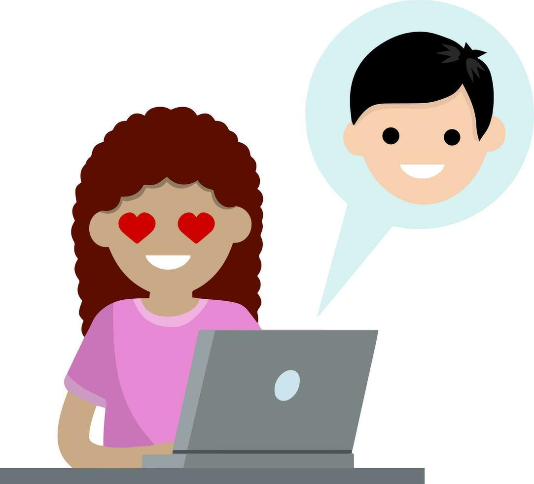 Man in love sitting at table with laptop. boyfriend and girlfriend email. Bubble with girl head. Romantic relationships on Internet. Cartoon flat illustration. Chat with woman. Heart on eyes vector