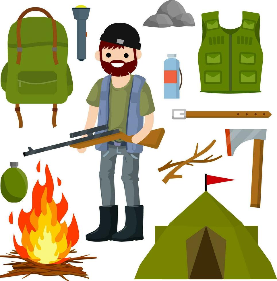 Man hunter with a gun. Survival kit in the woods. Equipment for hunting animals. Tent, fire, ax, wood, backpack, green clothes, flashlight. Sniper with rifle with a scope. vector