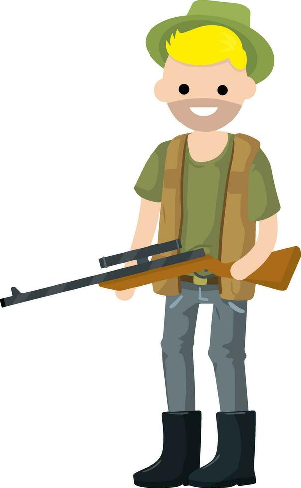 Man hunter with gun. Guy with rifle. Shooter and weapon. Cartoon flat illustration. Equipment for hunting animals vector