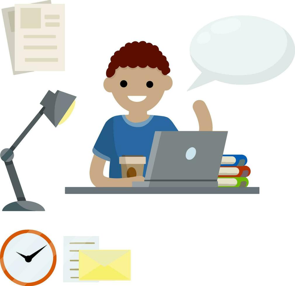 Man sits at table with laptop. Education and books. Conversation and speech. Set of business items. Clock, paper file document, lamp. Work freelance and programmer. Flat cartoon. Bubble text vector