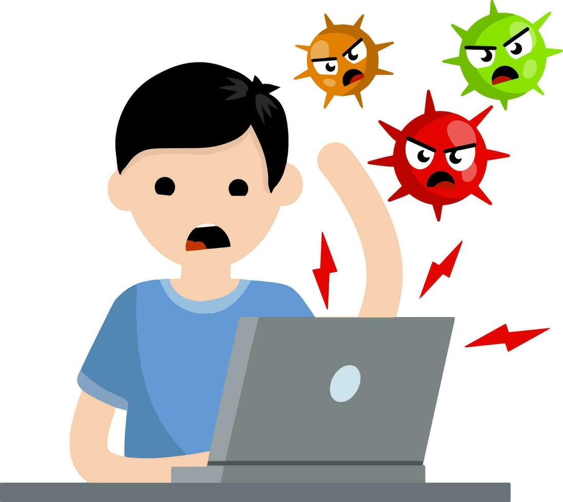 hombre a ordenador portátil con virus. problema con computadora. en línea amenaza. joven enojado chico. cuenta hackear. dibujos animados plano ilustración. hacker ataque vector