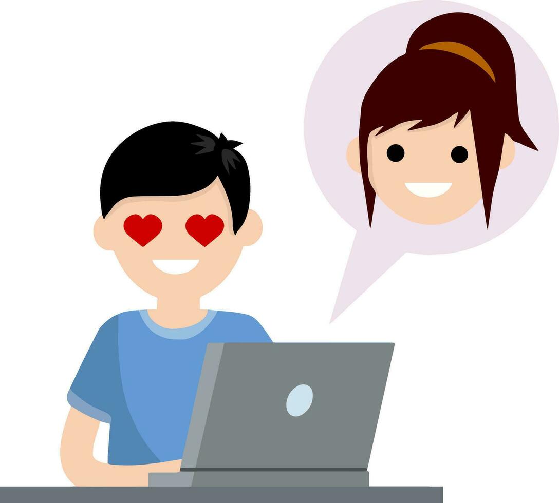 hombre en amor sentado a mesa con ordenador portátil. novio y Novia correo electrónico. burbuja con niña cabeza. romántico relaciones en Internet. dibujos animados plano ilustración. charla con mujer. corazón en ojos vector