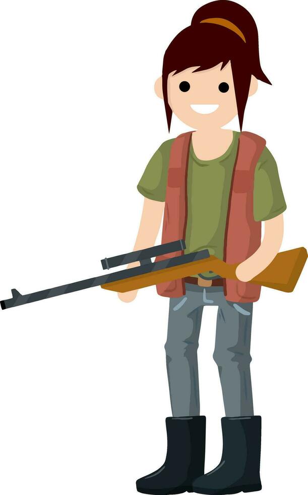 Man hunter with gun. Guy with rifle. Shooter and weapon. Cartoon flat illustration. Equipment for hunting animals vector