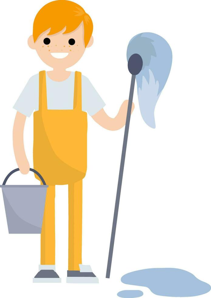 Cleaner in an orange jumpsuit. Service worker with MOP and bucket. Wet cleaning from dirt and dust. Blue puddle of water on the floor. Kind of profession men. Cartoon flat illustration. vector