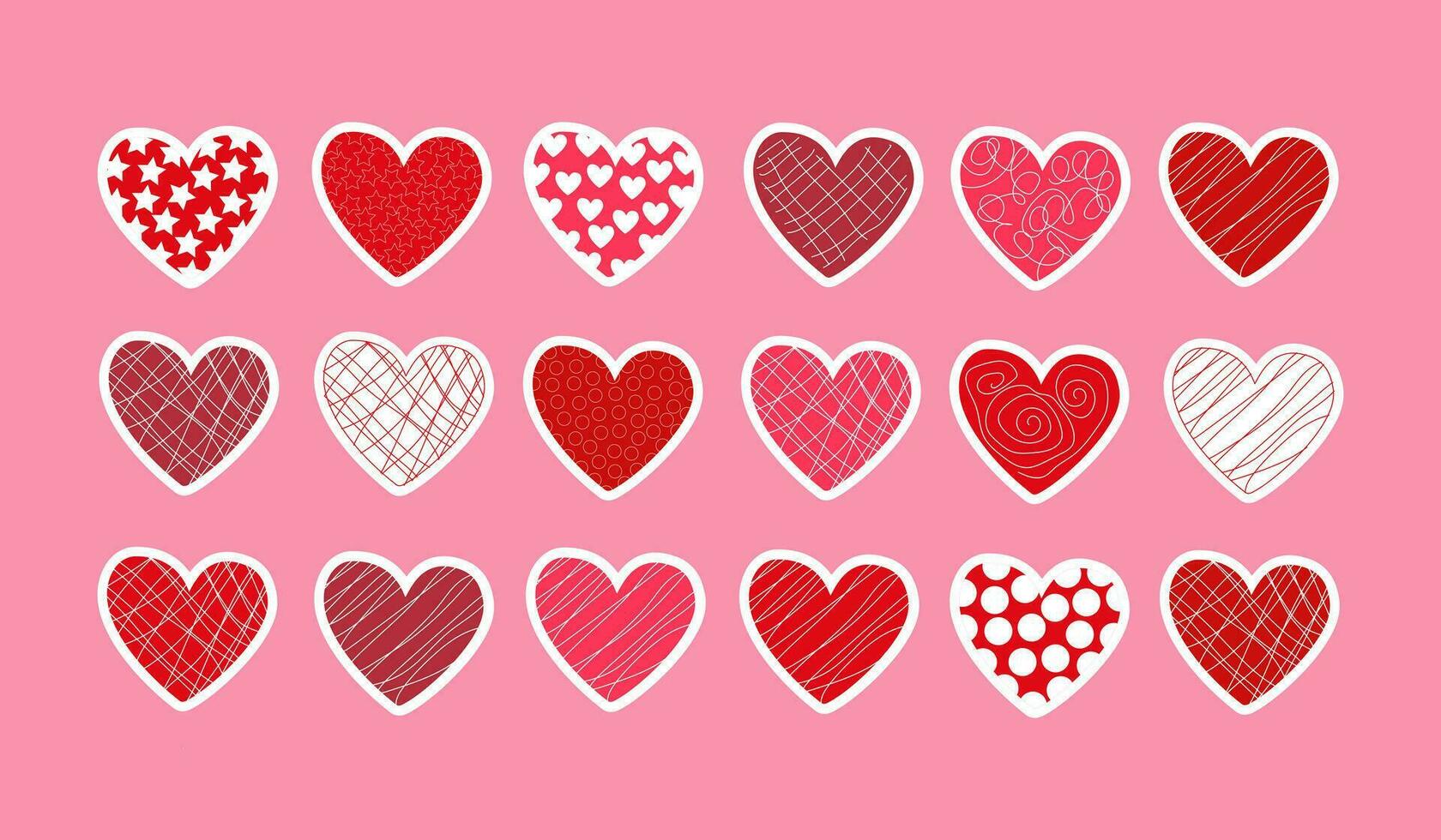 Set of stickers red, pink and purple candy hearts with icing and patterns. Vector elements for design and decoration for the holidays Valentines Day, wedding, birthday, engagement.