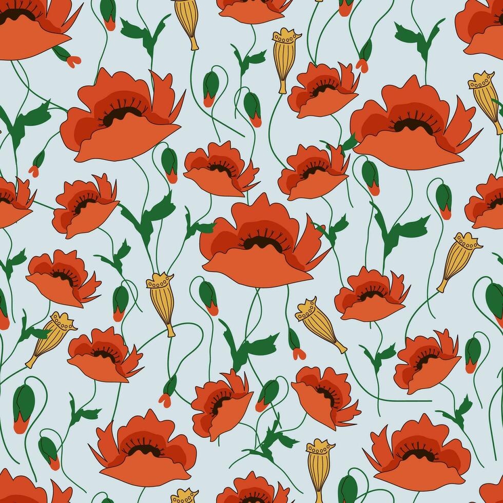seamless summer floral pattern - light blue background with blooming meadow flowers poppies with buds for packaging, fabric and wallpaper vector