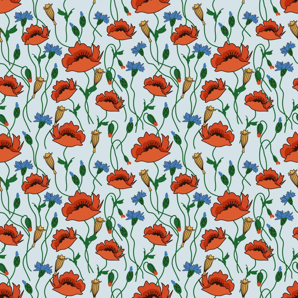 seamless summer floral pattern - light blue background with blooming meadow flowers poppies and cornflowers with buds for packaging, fabric and wallpaper vector
