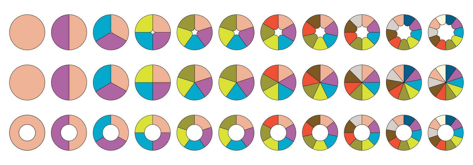 Round colorful graphs with outline from 1 to 10, in three styles. Fraction pie divided into slices. Circle section graph, segment infographic. vector