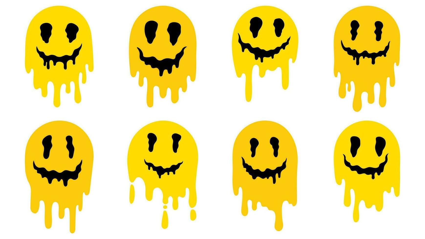 Melting smiles in flat style. Cute cartoon melted yellow smiling face avatars, stickers. Funny faces in trippy acid rave style. vector