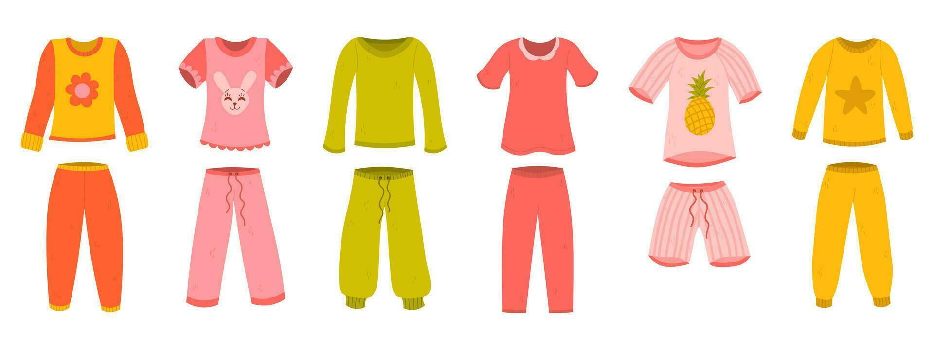 Girl pajamas set in cartoon flat style. Cute night cloths, tops and pants, sleep shorts for kids. vector