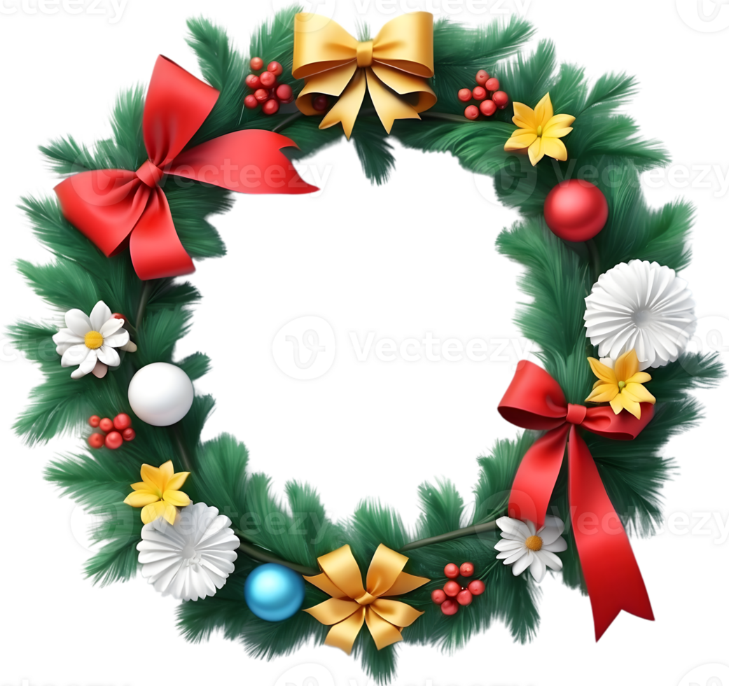 AI generated christmas wreath with flowers and bows on a transparent background png