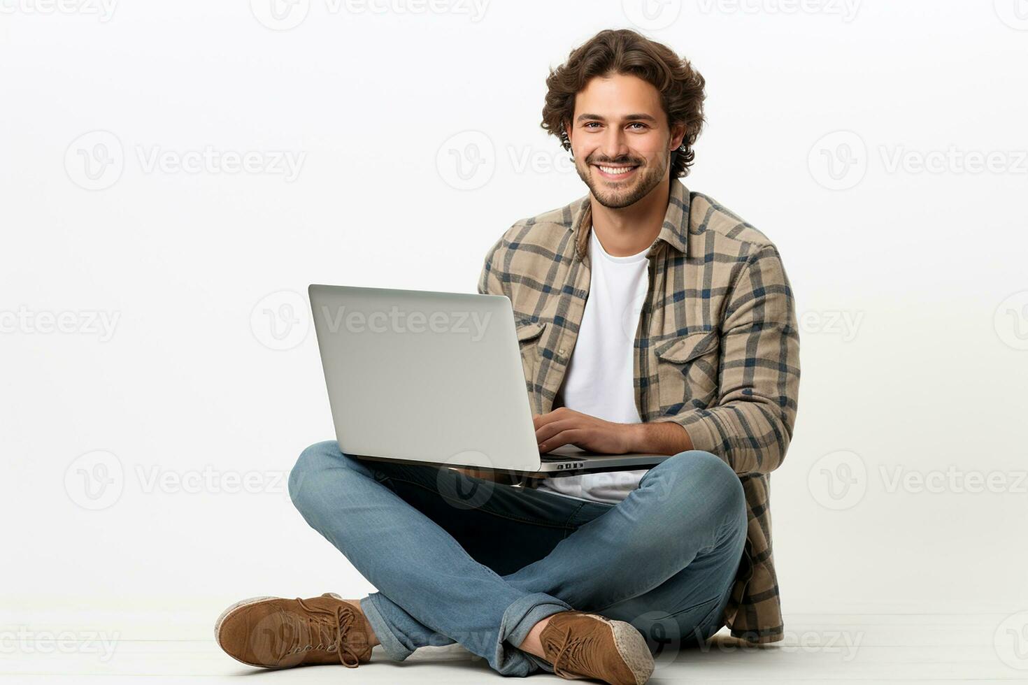 AI generated Studio shot of a smiling young guy sitting on the floor with laptop. photo