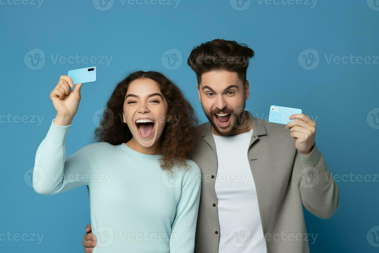 AI generated beautiful couple man and woman holding credit card photo