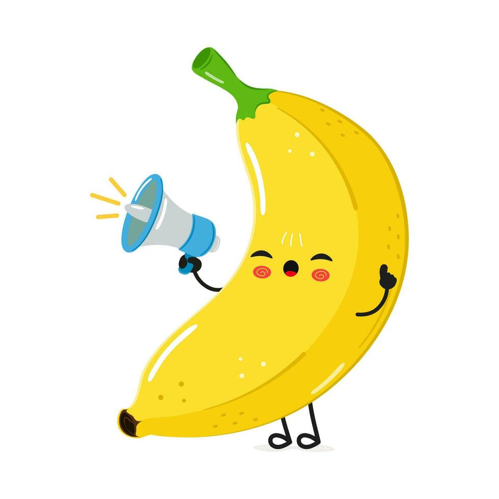 Banana with loudspeaker character. Vector hand drawn cartoon kawaii character illustration icon. Isolated on white background. Banana screams character concept