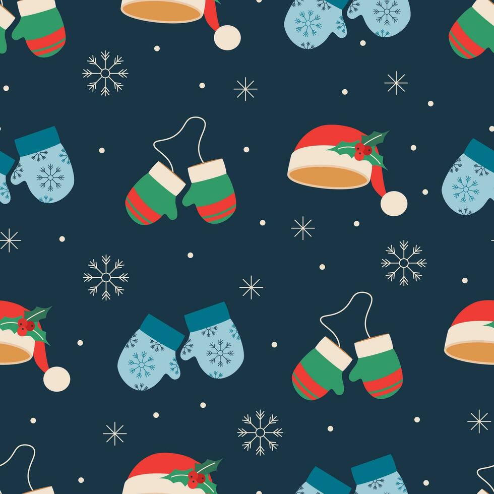 Christmas pattern with red hat, gloves with a pattern of snowflakes. vector