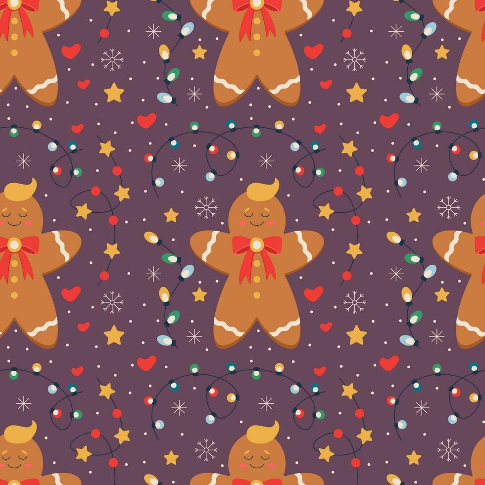 Christmas pattern with gingerbread, garland with light bulbs, stars. vector