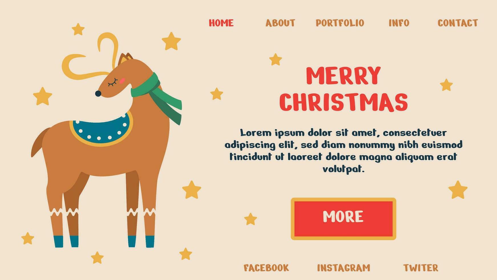 Merry Christmas, happy new year poster. Web page or banner template, landing, with deer, stars. vector