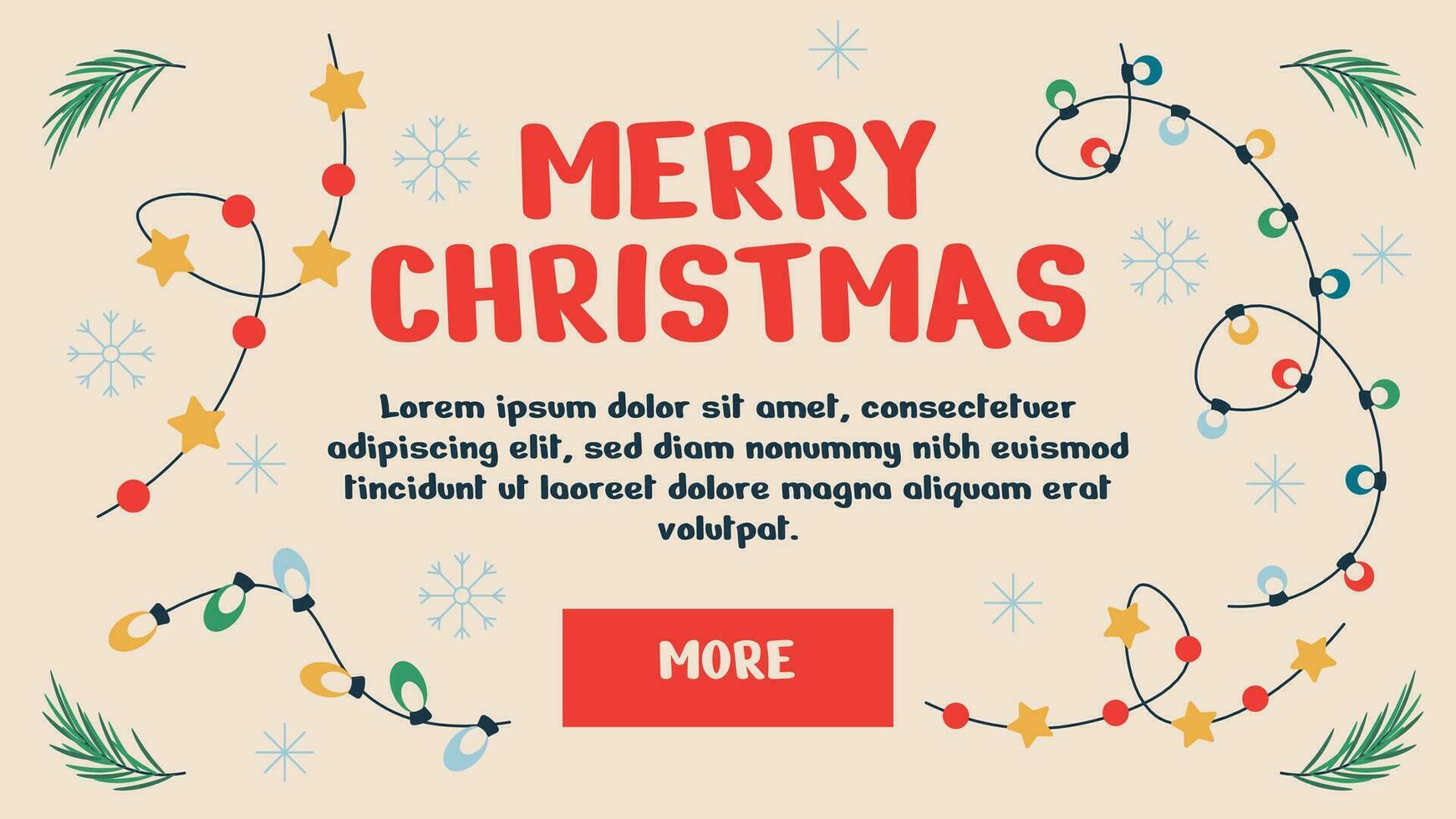 Merry Christmas, happy new year poster. Web page or banner template with tree branch, garland. vector
