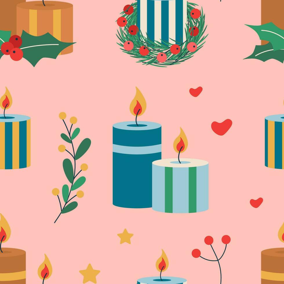 Christmas pattern with candles with berries and mistletoe leaves. vector
