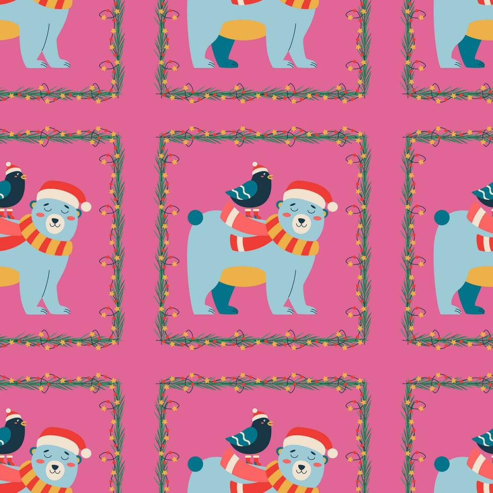 Christmas pattern with bear with a red hat and scarf, bird, frame. vector