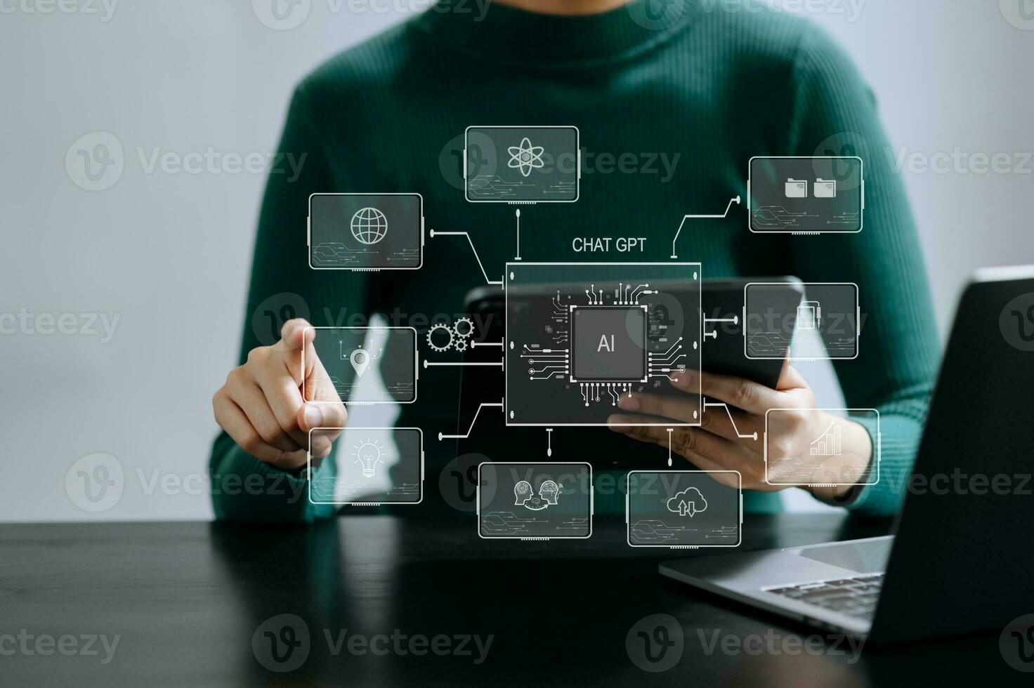 Man using chat bot in smartphone intelligence Ai. Chat with AI Artificial Intelligence, developed by OpenAI generate. robot in online system. photo