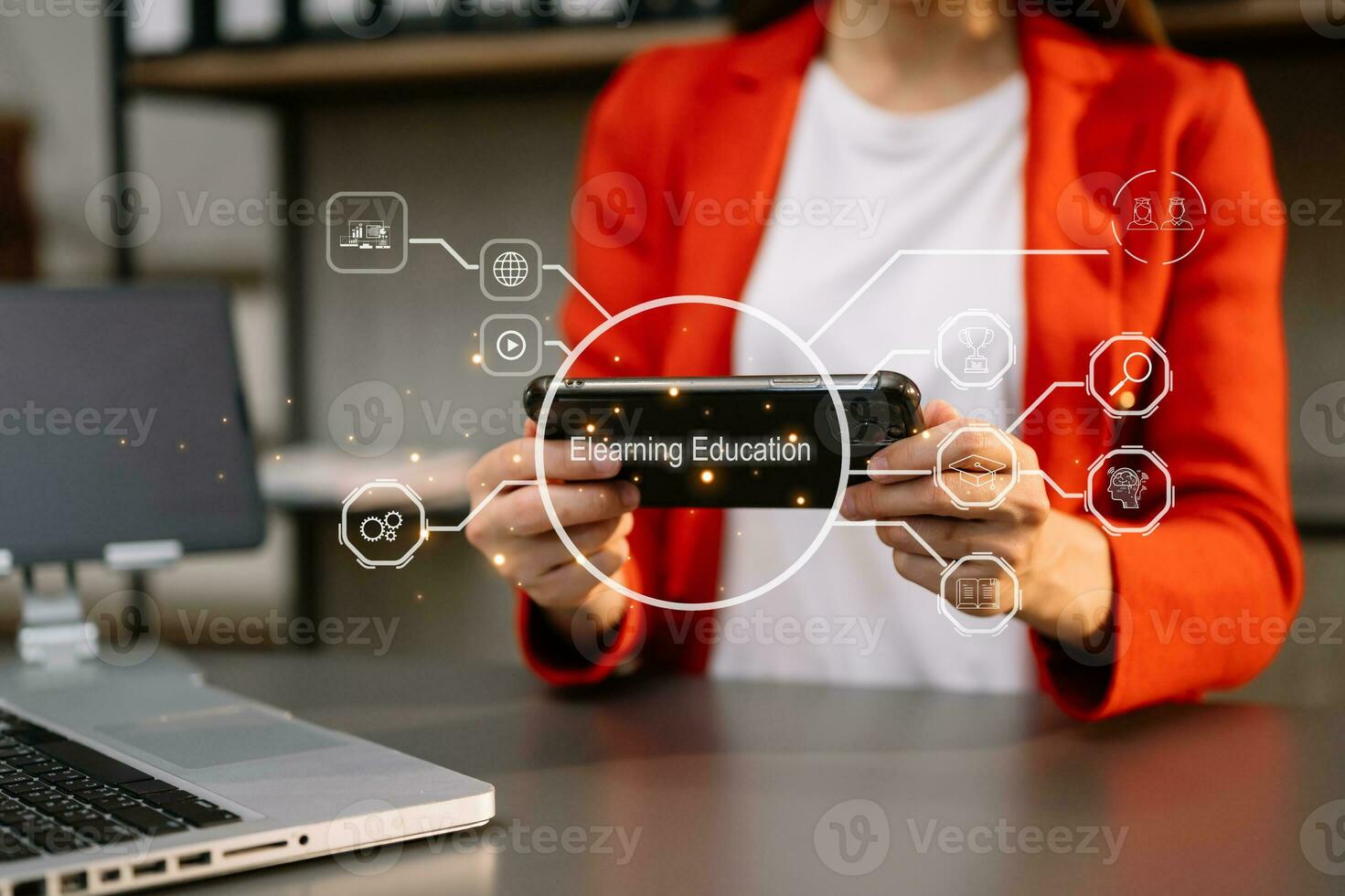 Person who attends online lessons on a virtual screen tablet. E-learning education and online webinar. Education internet Technology. photo
