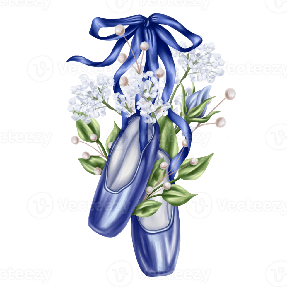 A composition of ballet pointe shoes made of blue satin fabric with long ribbons and gypsophila flowers. Costume details for stage performances in theater. Isolated digital illustration png