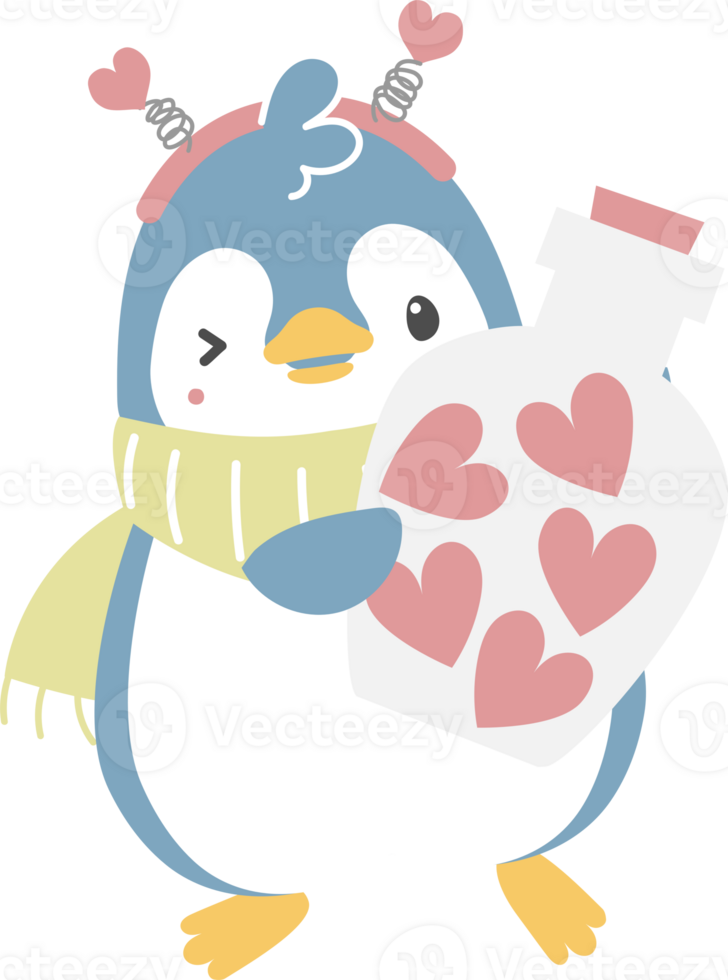 happy valentine's day with penguin holding jar of heart, love concept, flat png transparent element character design