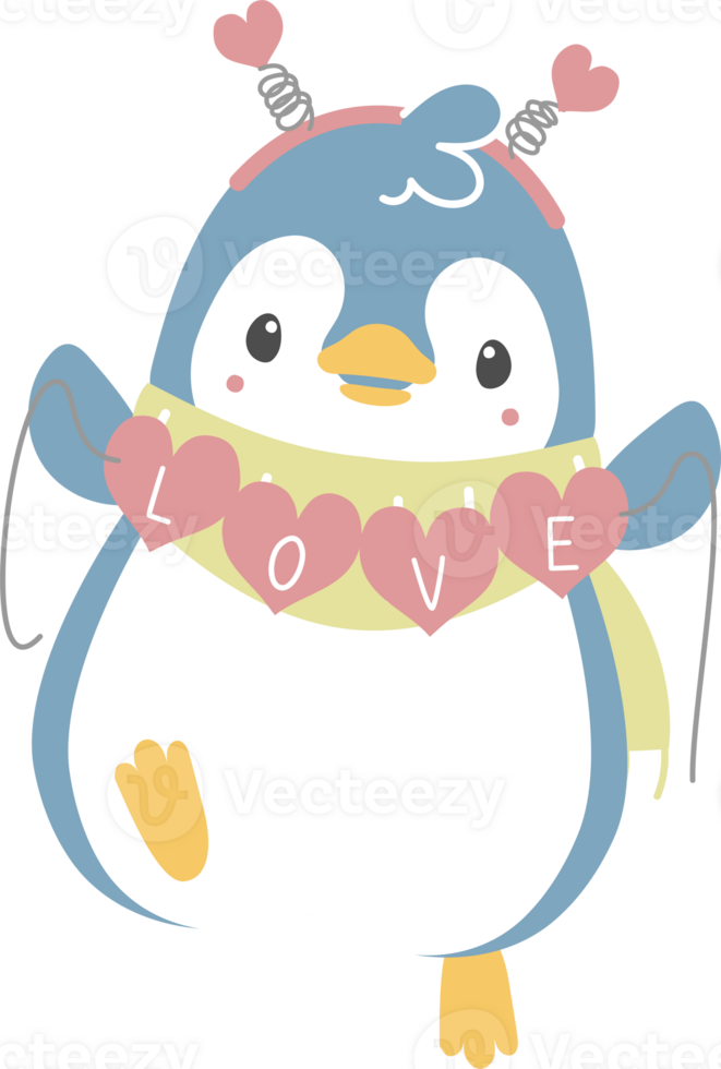 happy valentine's day with penguin holding heart, love concept, flat png transparent element character design