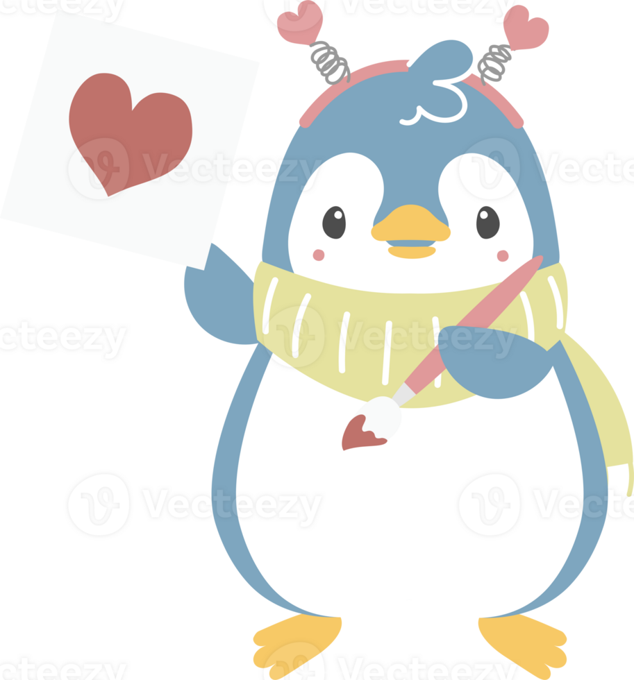 happy valentine's day with penguin drawing heart holding paintbrush, love concept, flat png transparent element character design