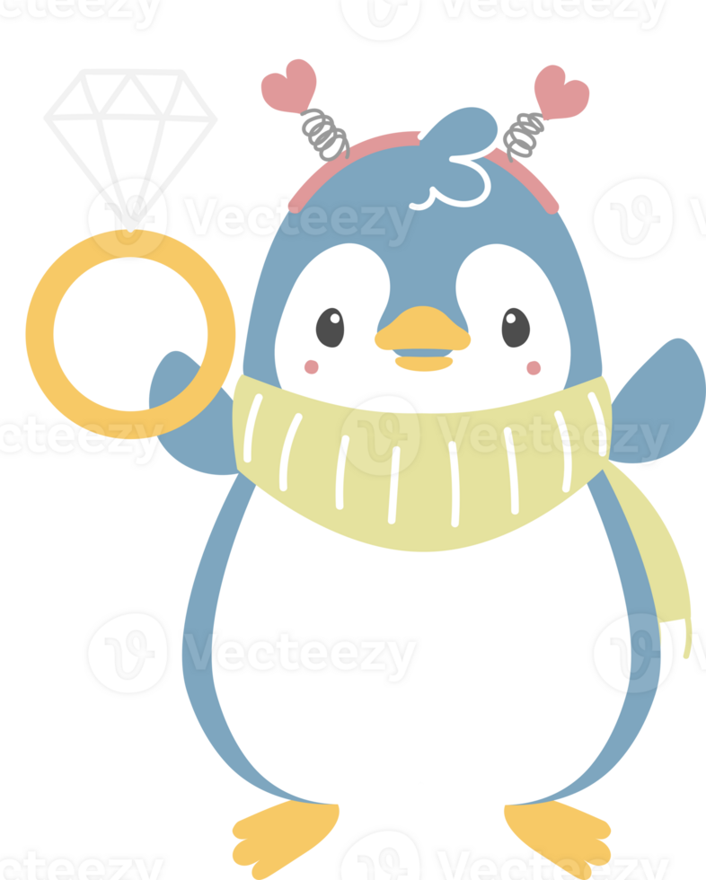 happy valentine's day with penguin holding diamond ring, love concept, flat png transparent element character design