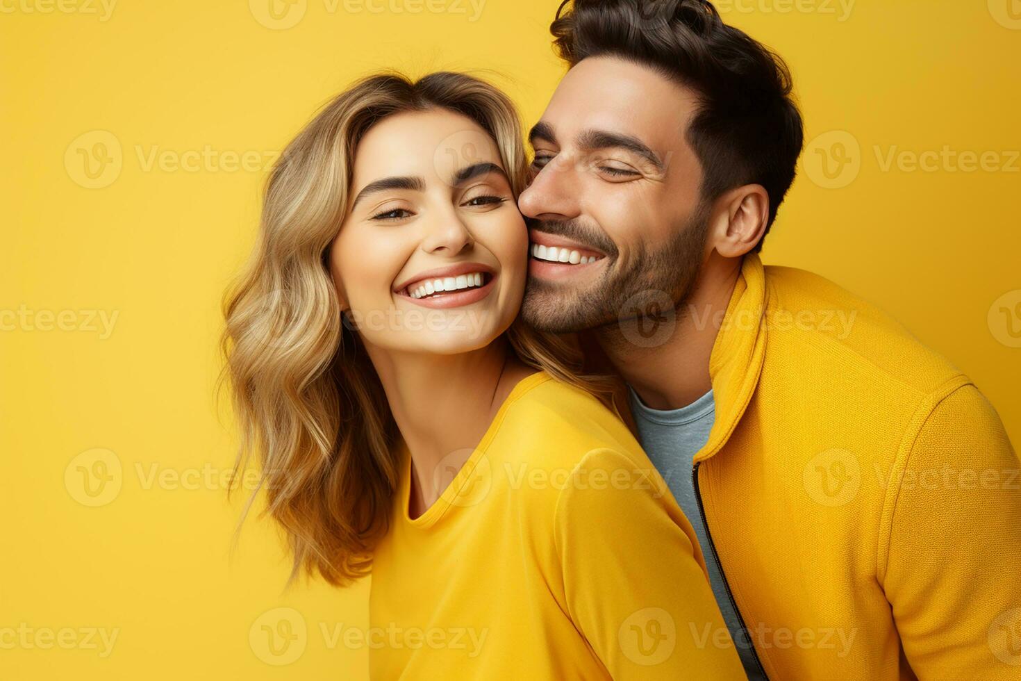 AI generated Young smiling happy couple hugging each other isolated on yellow background studio portrait. photo