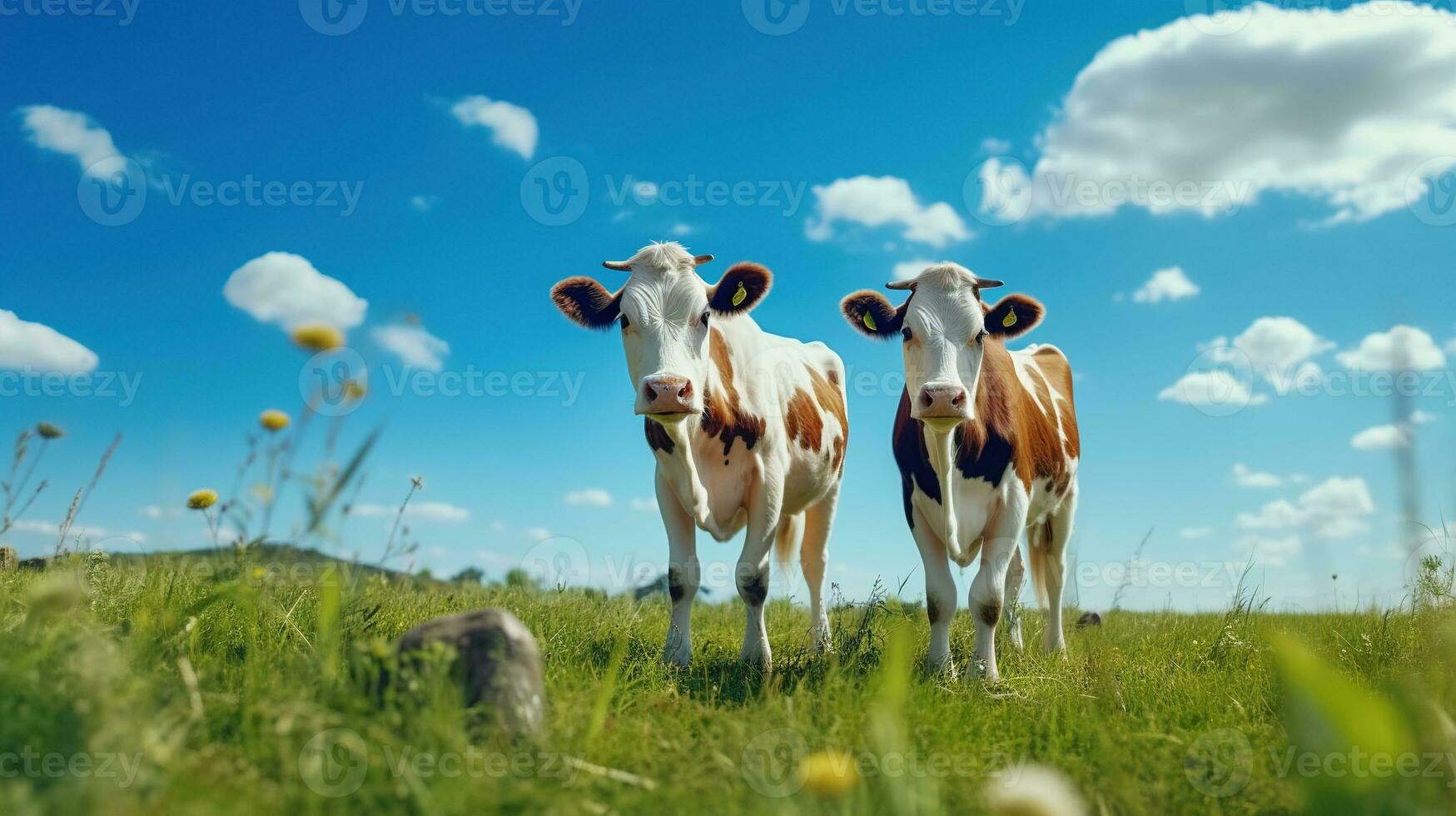 ai generado sano vacas en el verde campo. granja, rancho, leche, vaca, Fresco leche, lechería foto