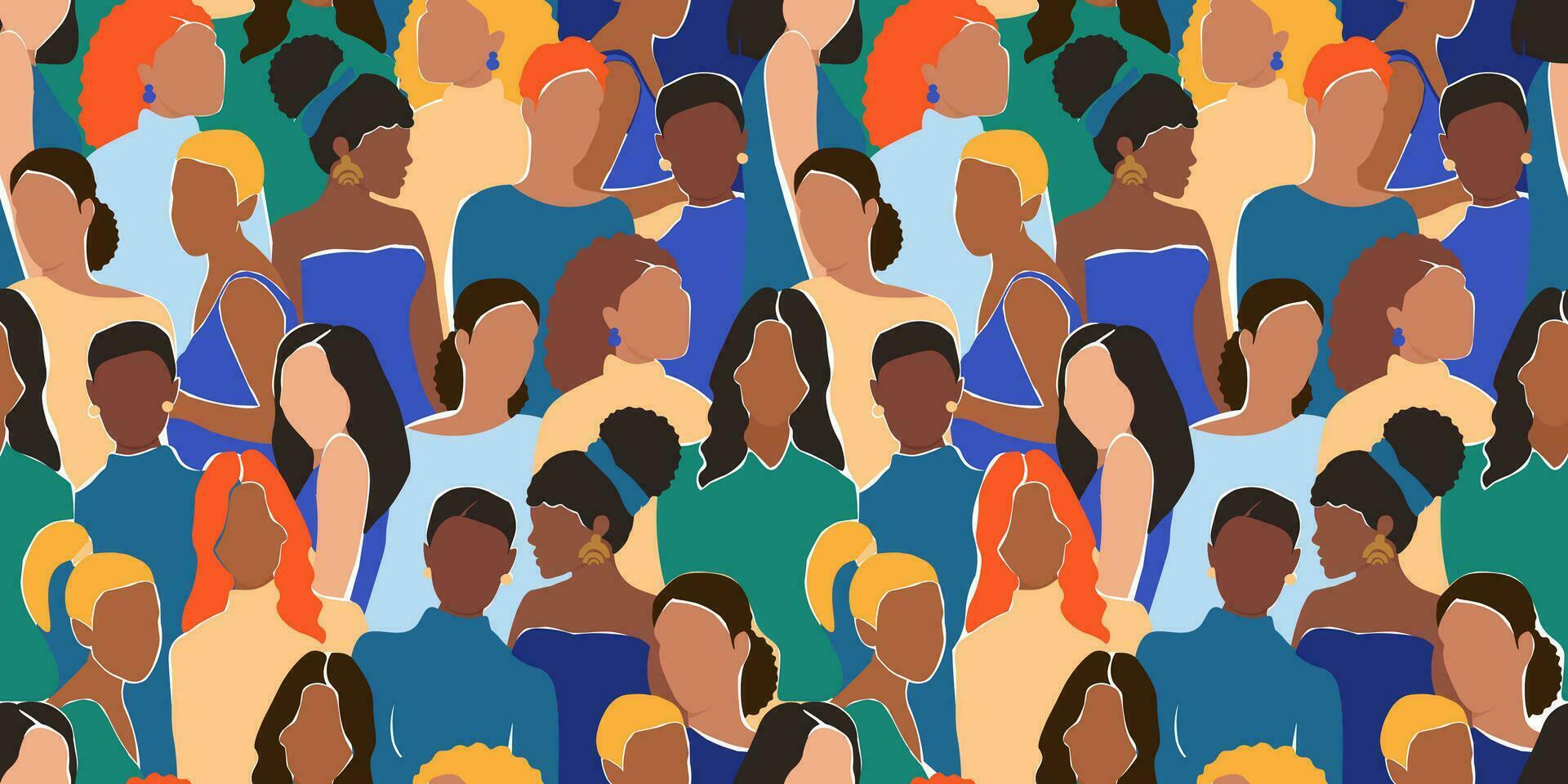 Seamless pattern with abstract women of different races, skin color, hair. Girls are a force together. Vector graphics.