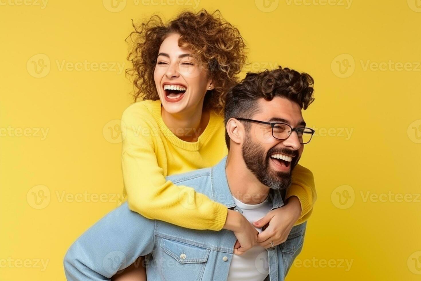 AI generated man carrying his wife on the shoulder photo