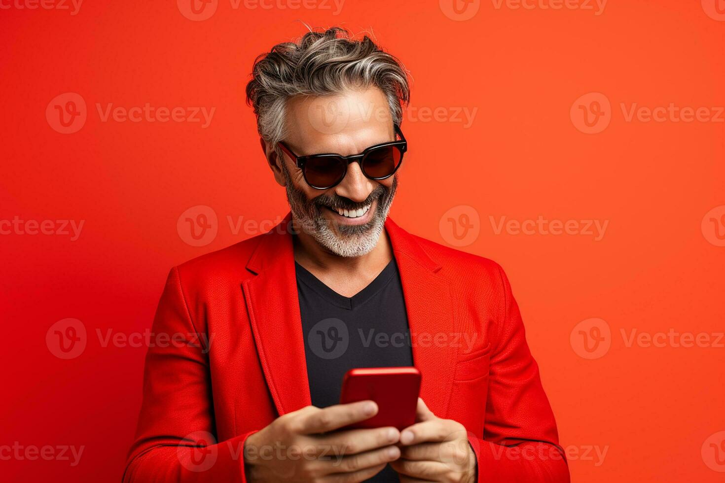 AI generated happy man wear casual clothes hold in hand use mobile isolated on red background photo