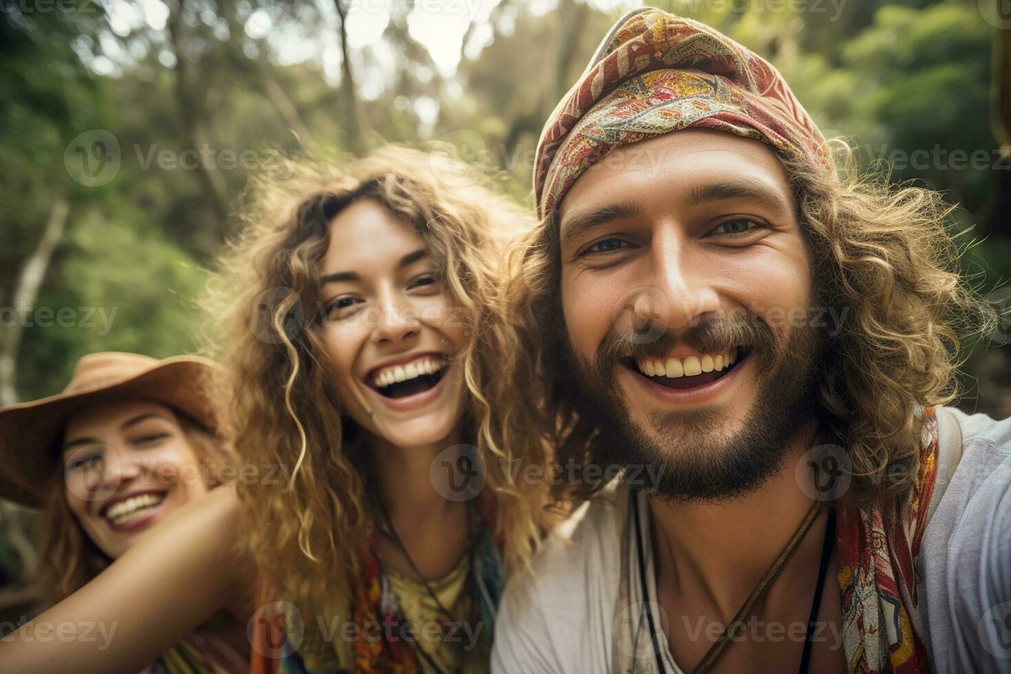 AI generated taking selfie Small happy group of hikers exploring forest in the autumn enjoying trip photo