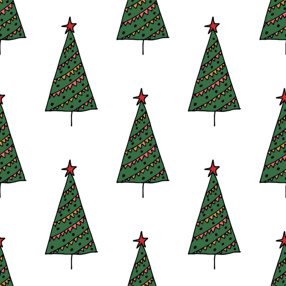 Seamless pattern with geometric minimal scandinavian Christmas tree doodle for decorative print, wrapping paper, greeting cards and fabric vector
