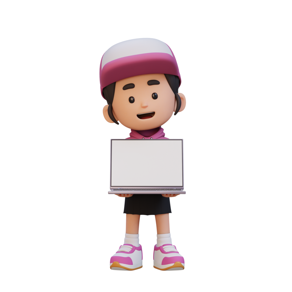 3D girl Character Holding and Presenting to a Laptop with Empty Screen png