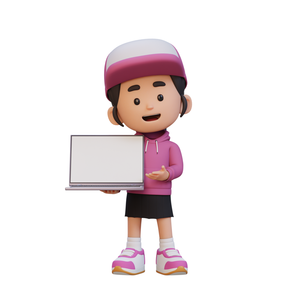 3d menina personagem segurando e apresentando para uma computador portátil com esvaziar tela png