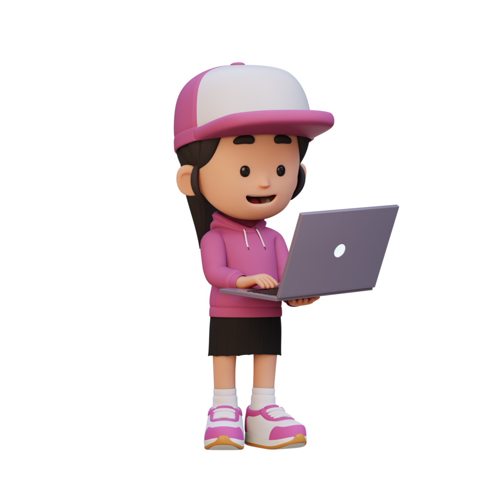 3D girl Character working on a Laptop png