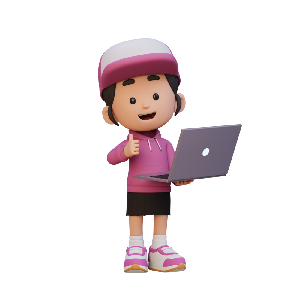 3D cute girl character give a thumb up while holding a laptop png