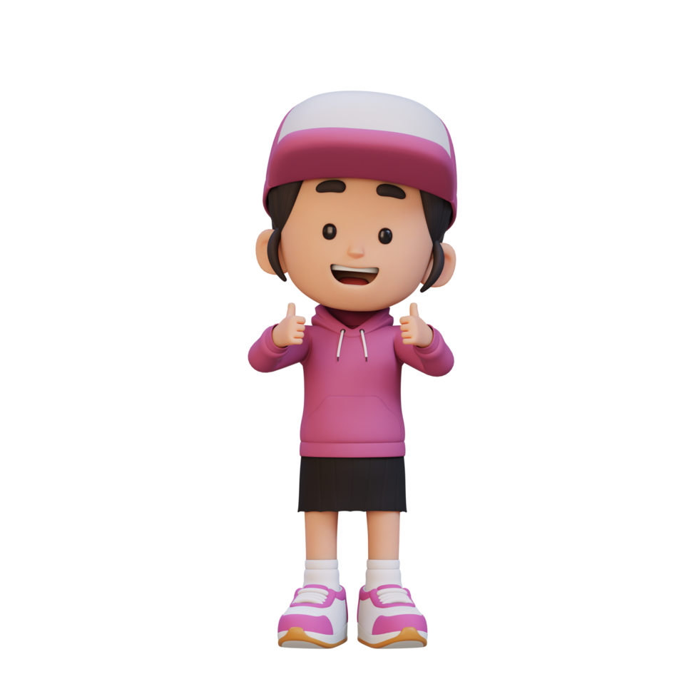 3D girl character give a thumbs up with cute happy face png