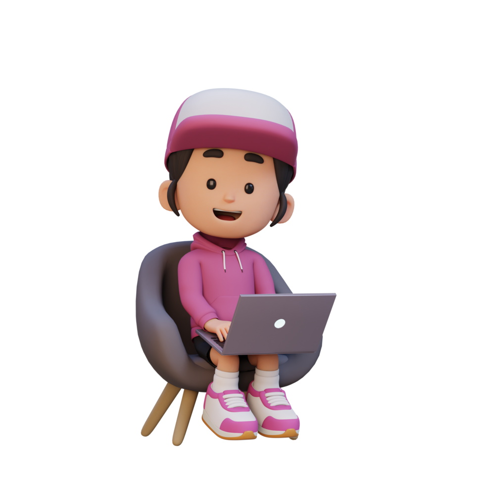 3d menina personagem trabalhando em uma computador portátil png