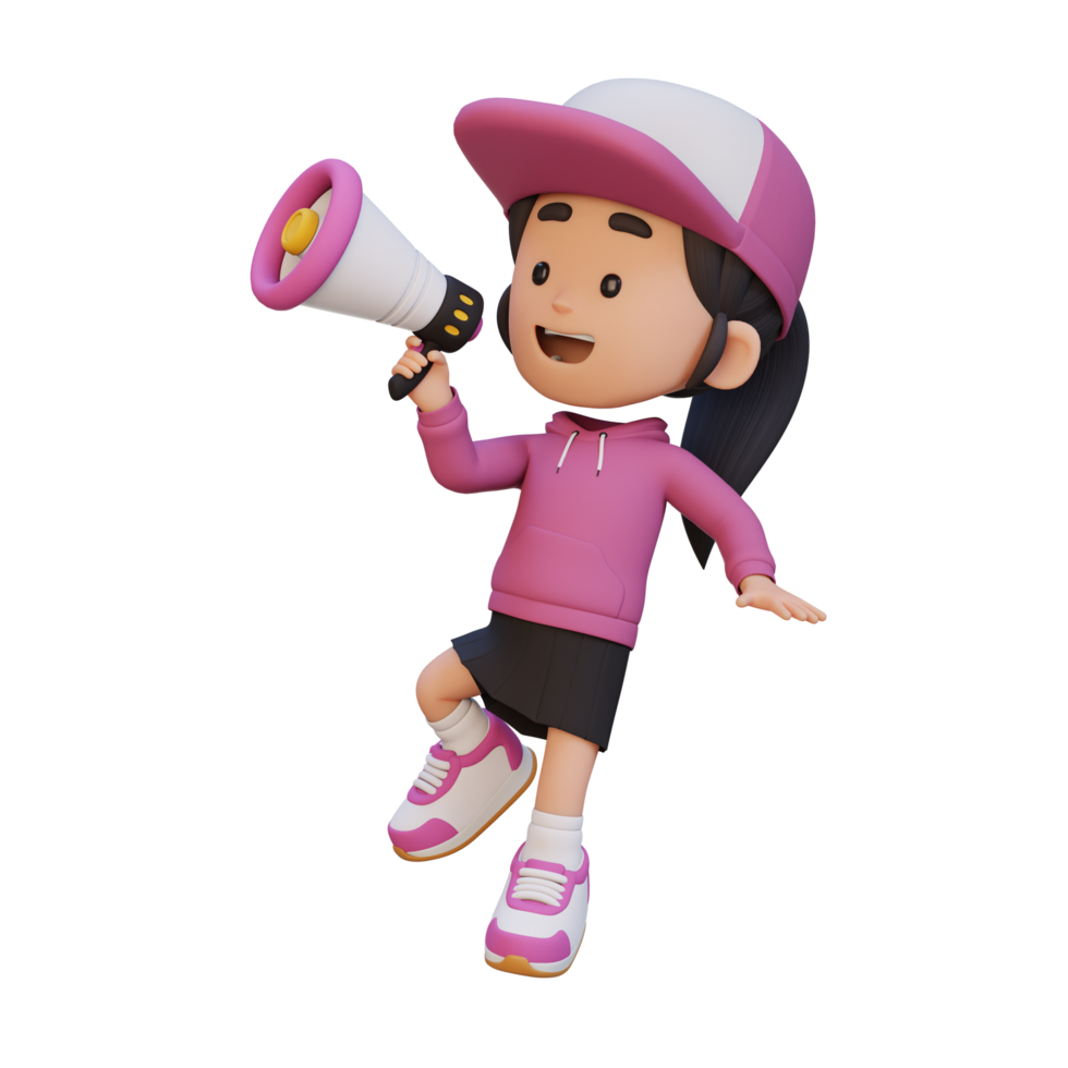 3D cute girl Character jumping and talking on Megaphone png