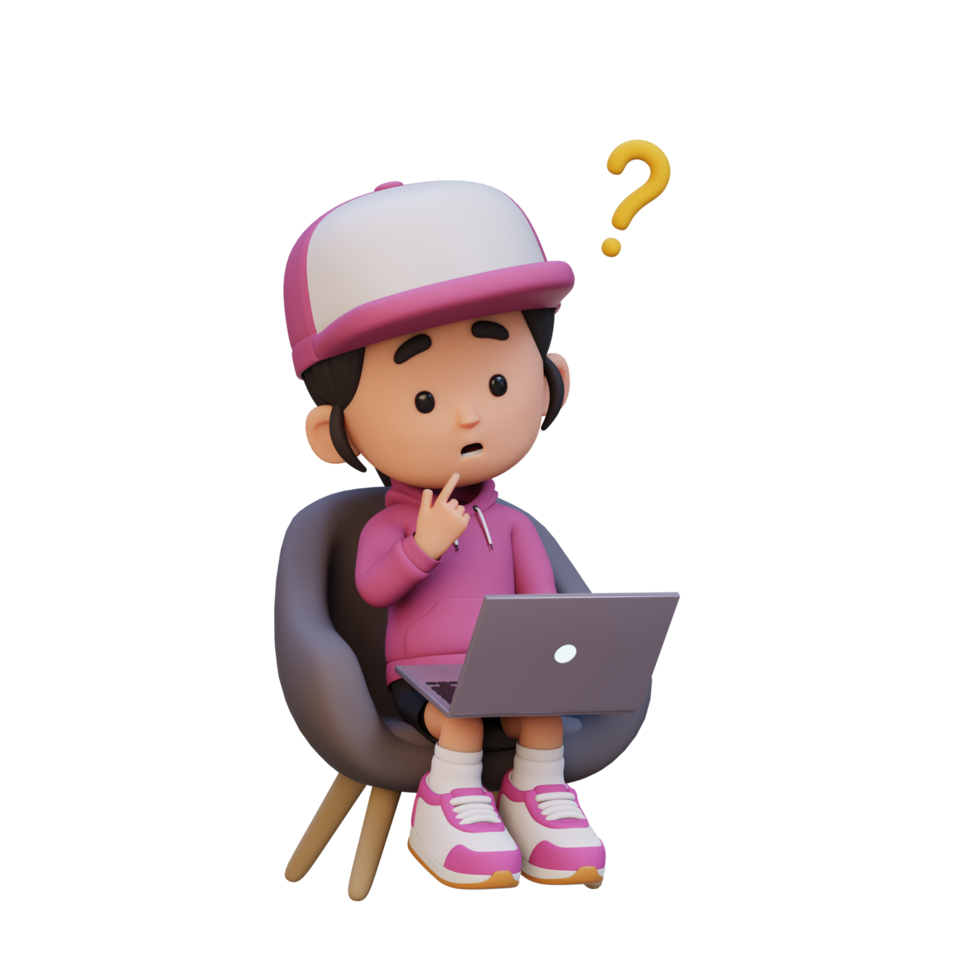 3D cute girl character confused on a laptop png