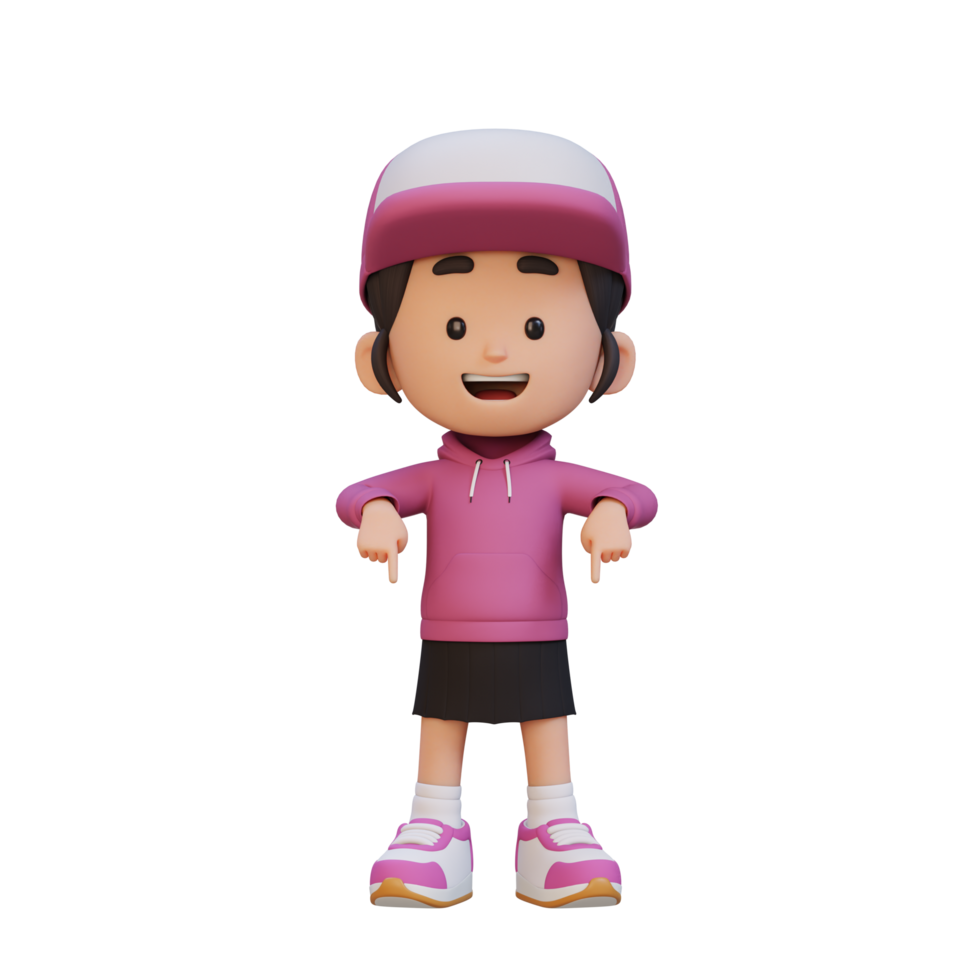 3D cute girl pointing hand to bottom png
