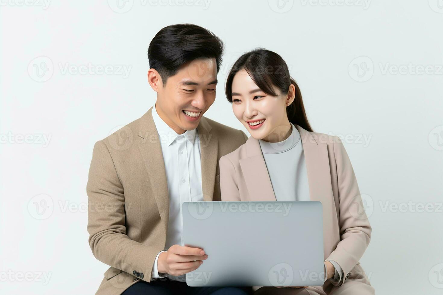 AI generated happy young Asian co worker holding and looking at laptop on white isolated background photo