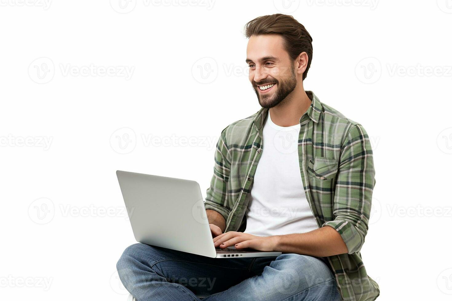 AI generated Studio shot of a smiling young guy sitting on the floor with laptop. photo